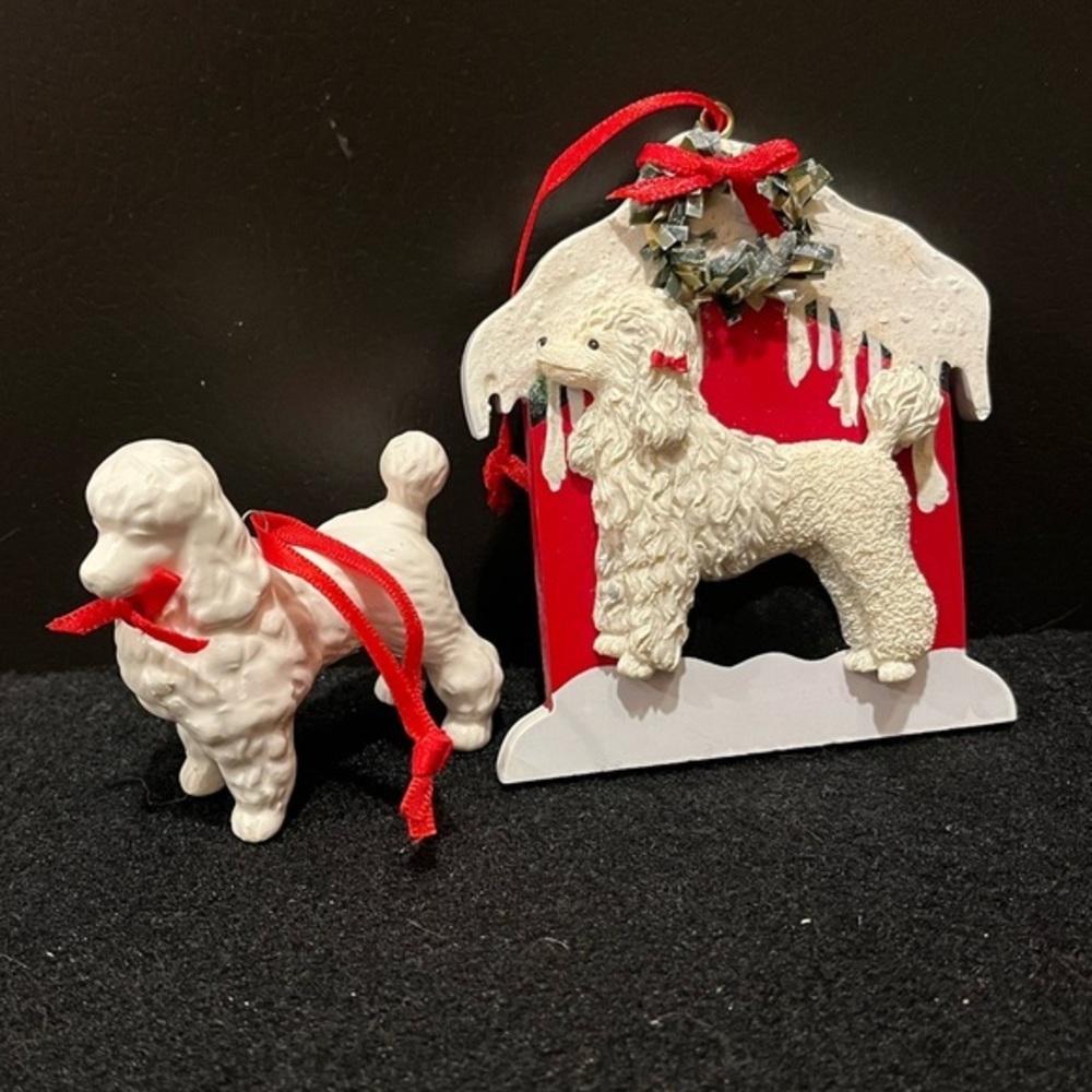 Vintage Holiday Poodle Ornament Set - Red and White